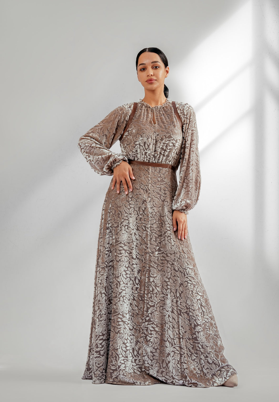 Velvet dress with leather details haifaalmegren couture Velvet dress with leather details haifaalmegren couture