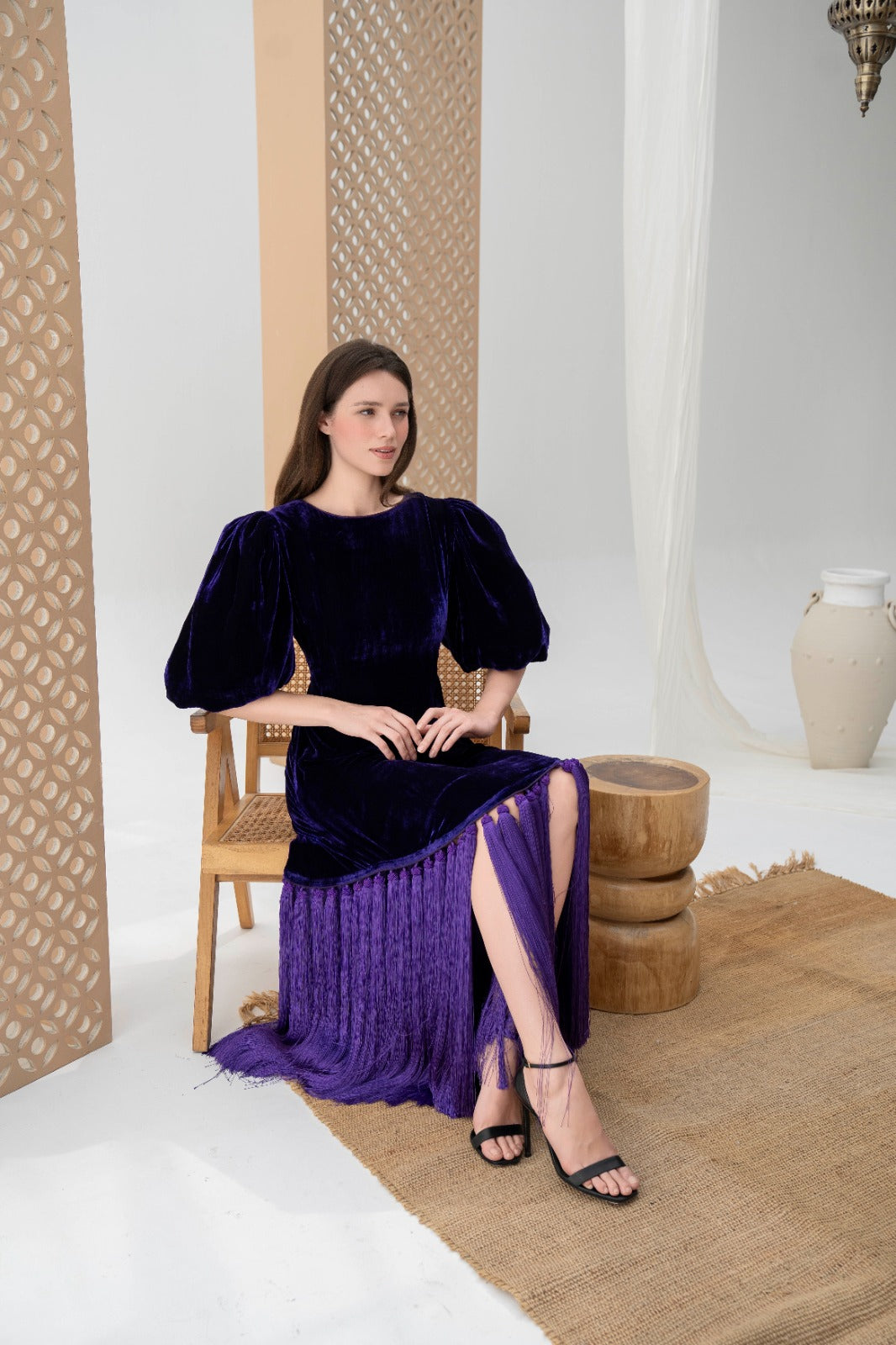 Royal Plum Fringe-Hem Velvet Gown