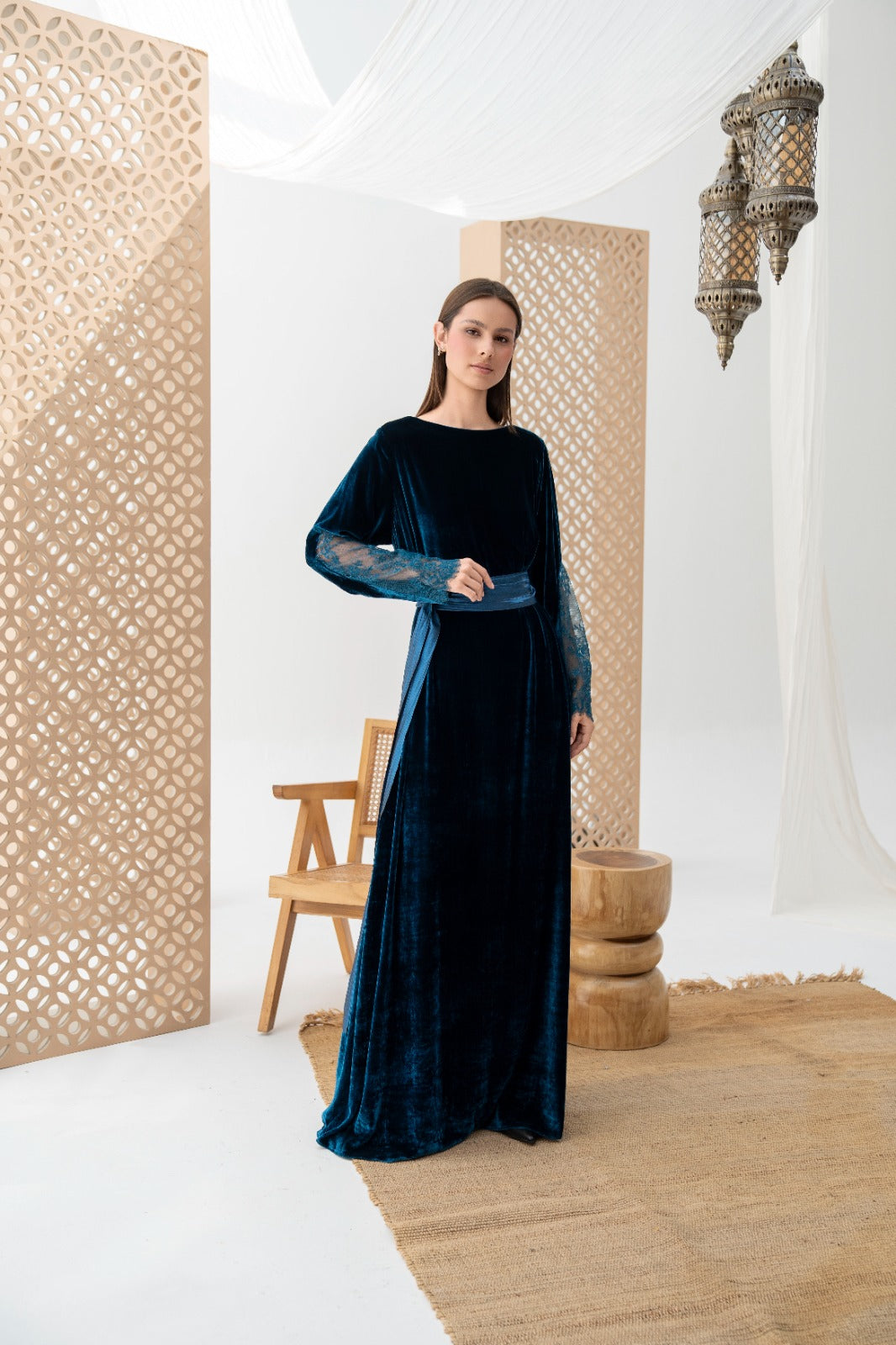 Lace-Trimmed Velvet Abaya