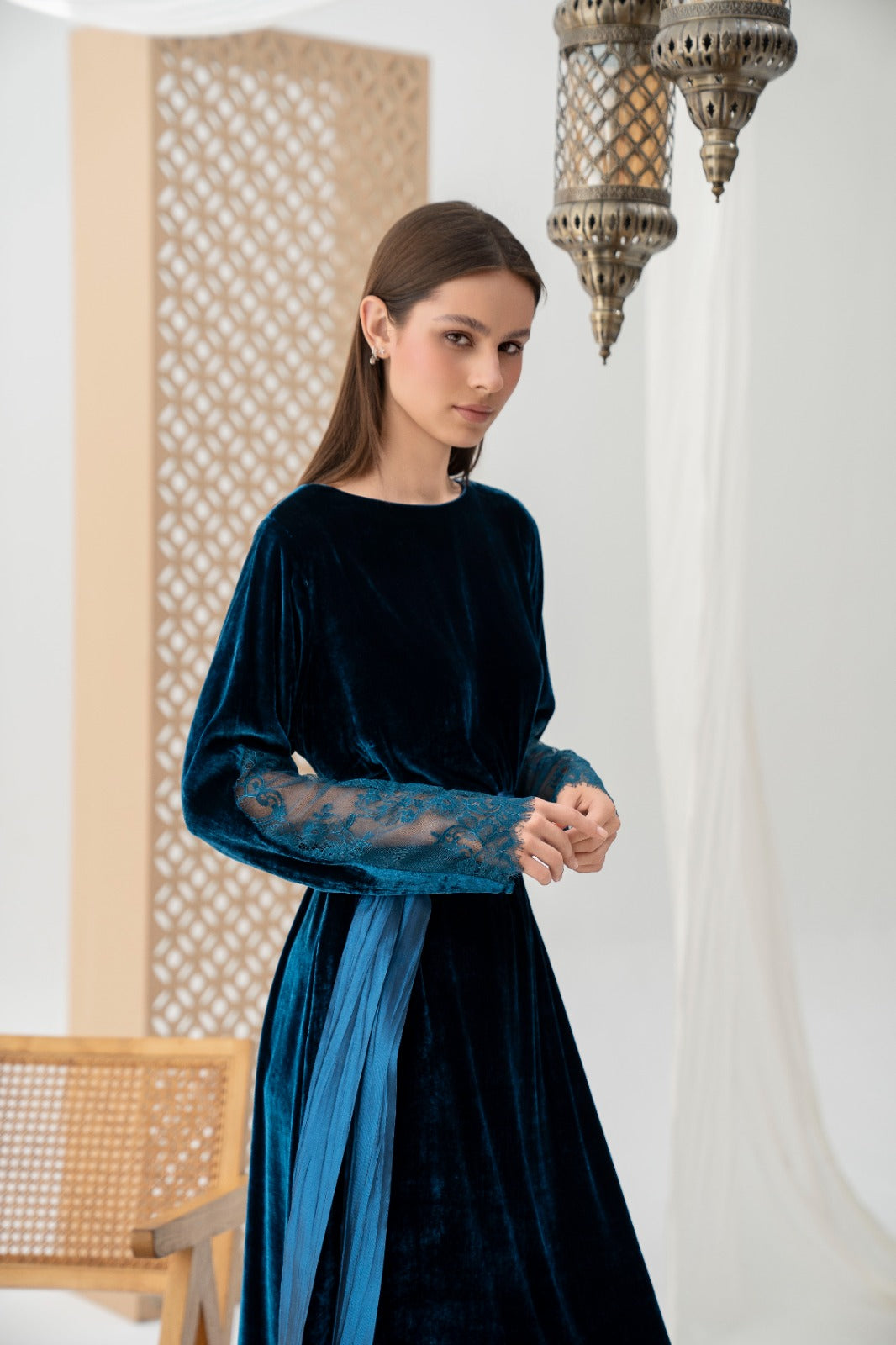Lace-Trimmed Velvet Abaya