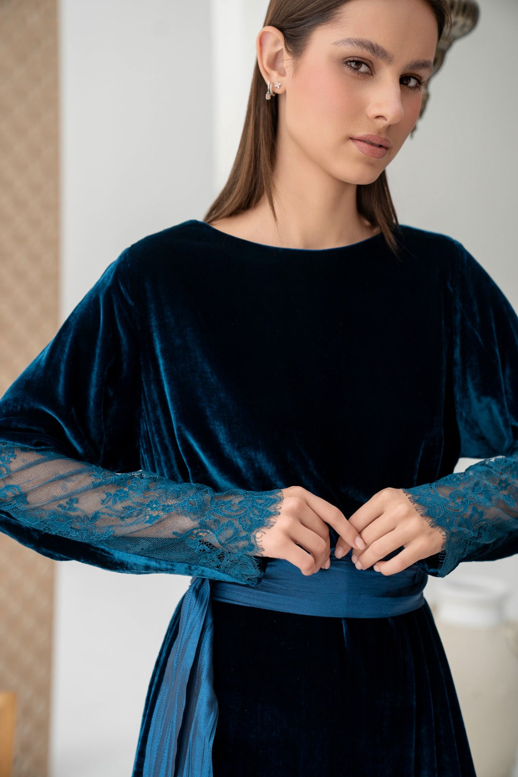 Lace-Trimmed Velvet Abaya