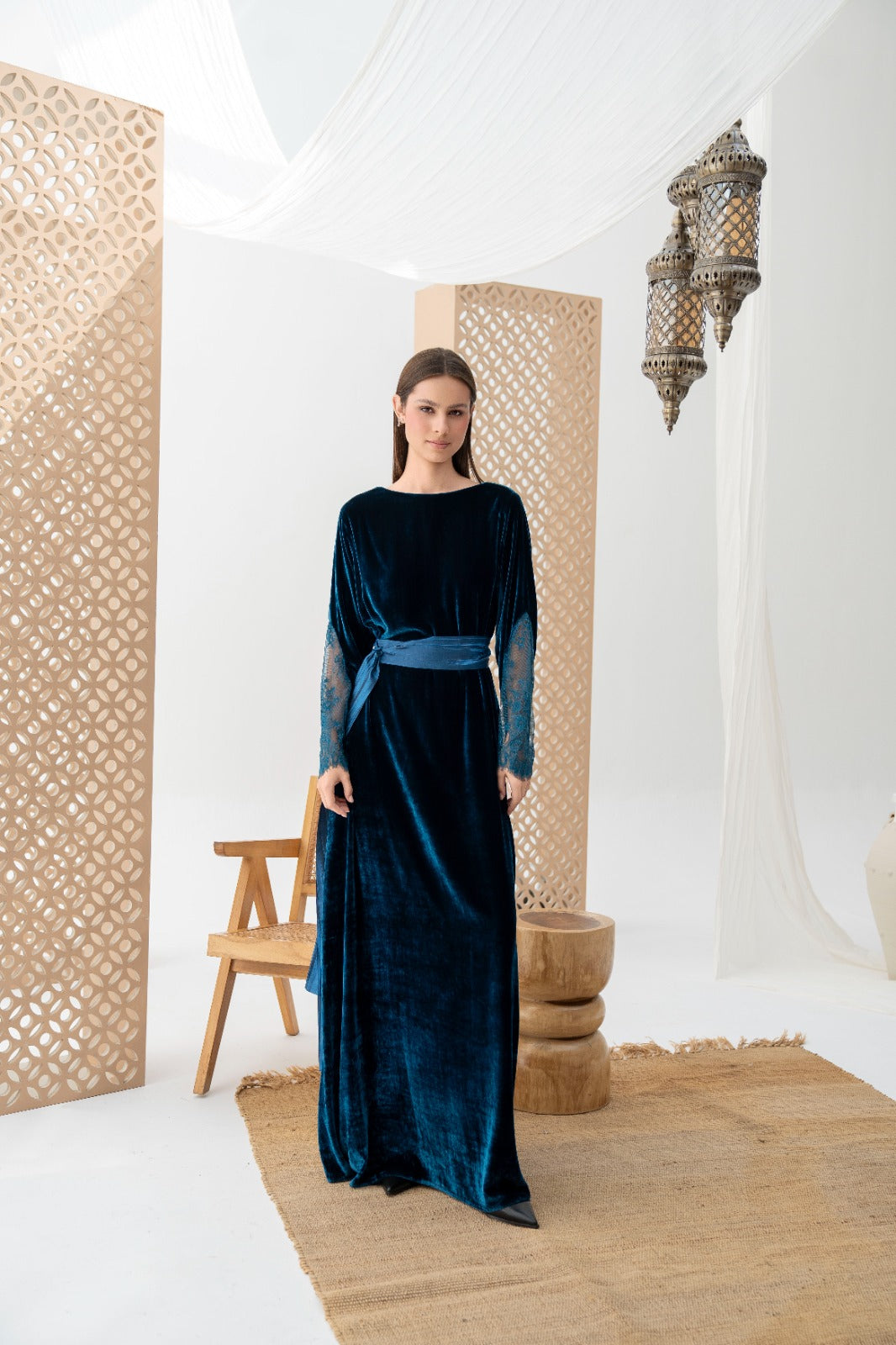 Lace-Trimmed Velvet Abaya