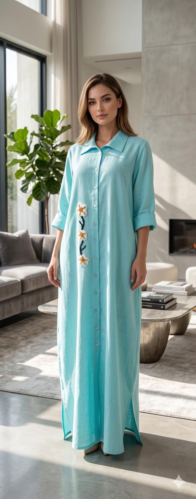 Luxury Baby Blue Linen Shirt Dress