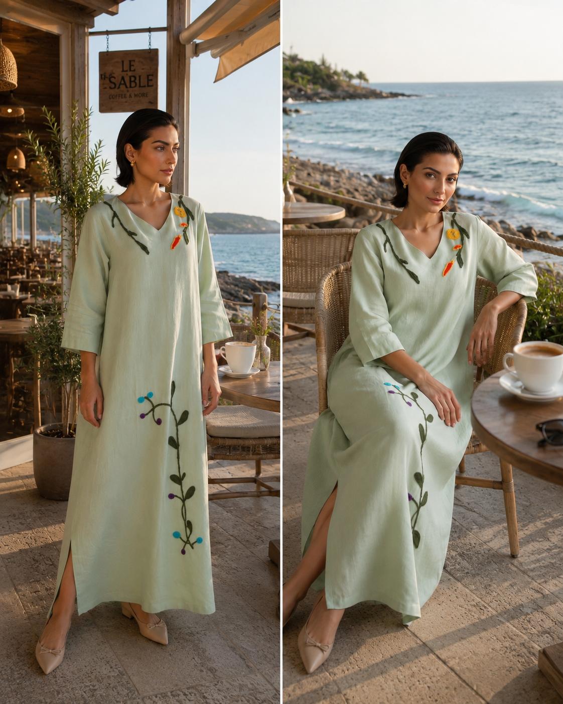 Hand-Embroidered Pure Linen Resort Dress
