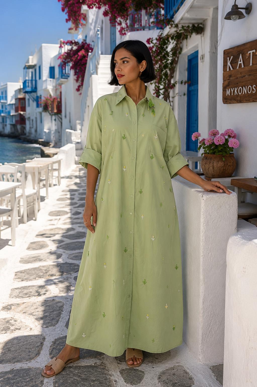 Hand-Embroidered Premium Cotton Shirt Dress